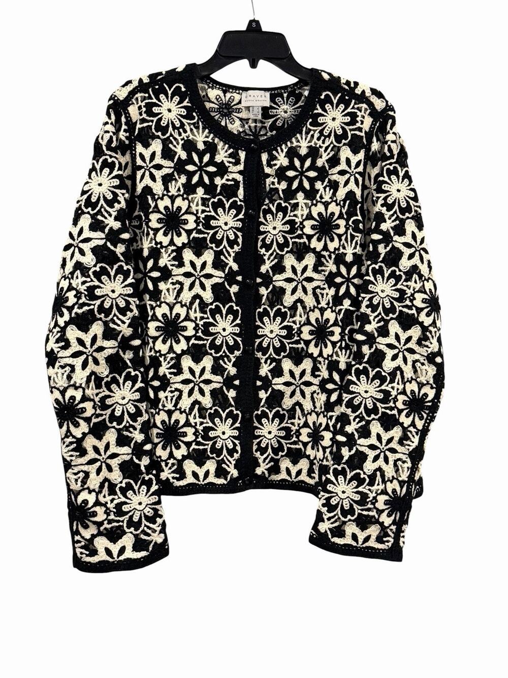 Susan Graver Black & Cream Floral Crochet Open Knit Cardigan SZ L Cottagecore